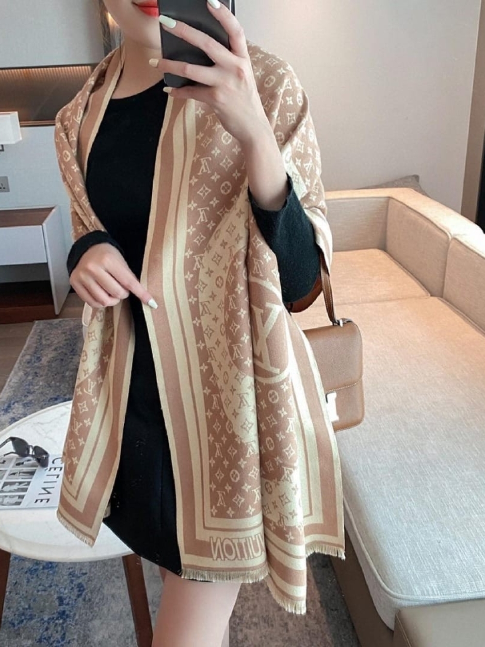 Monogram Shawl Wrap in Tan & Cream